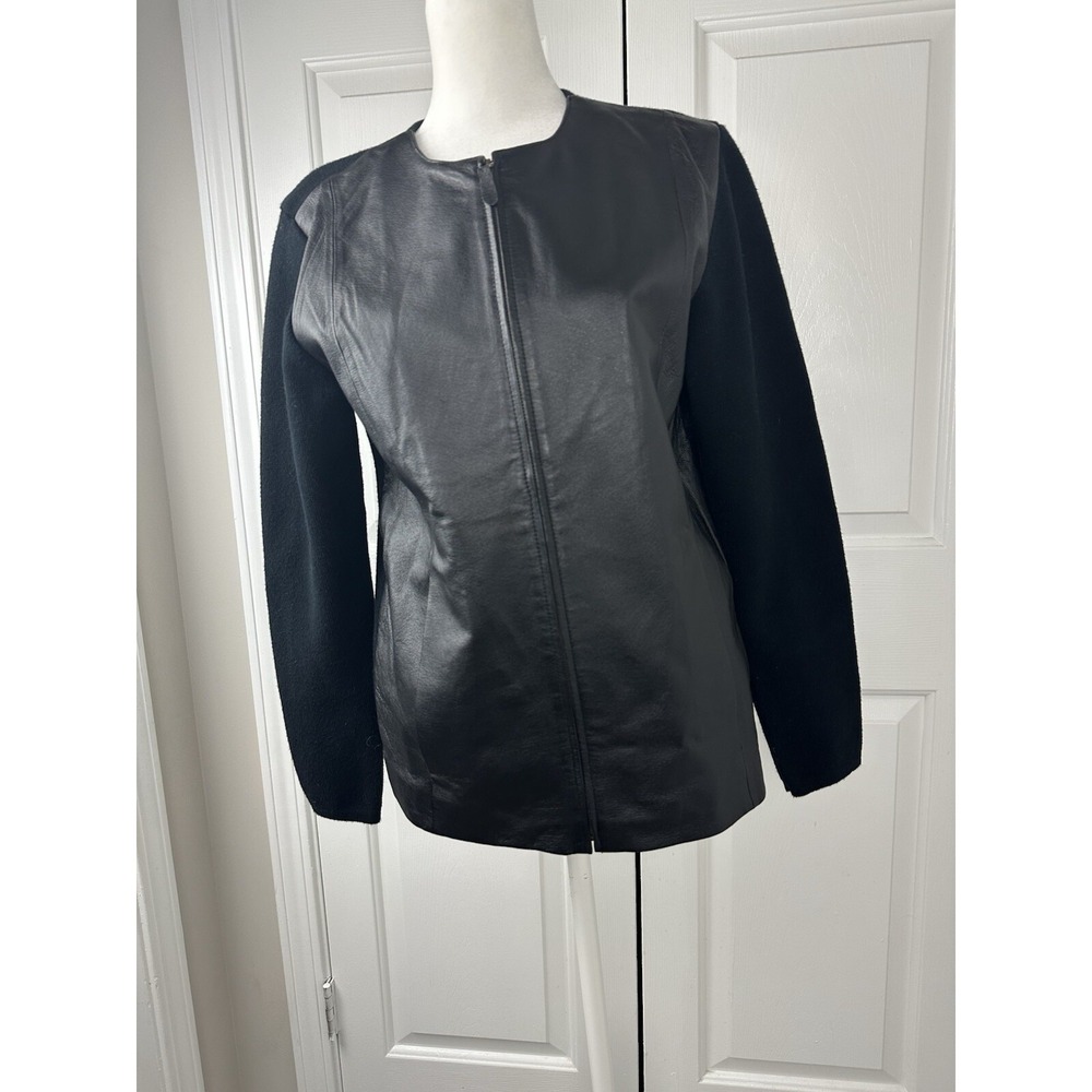 Charter Club Black 100% Leather Trim Sweater Jacket Moto Biker Style-Sz S